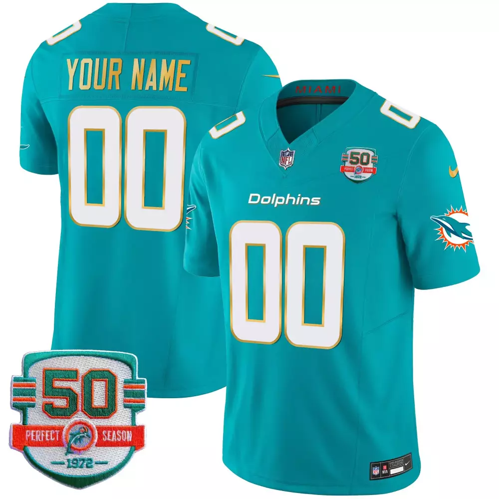 Miami Dolphins Aqua Men's Jersey | 50th Don Shula 347 Memorial Patch | Limited Edition Custom Vapor | For Men, Women & Youth