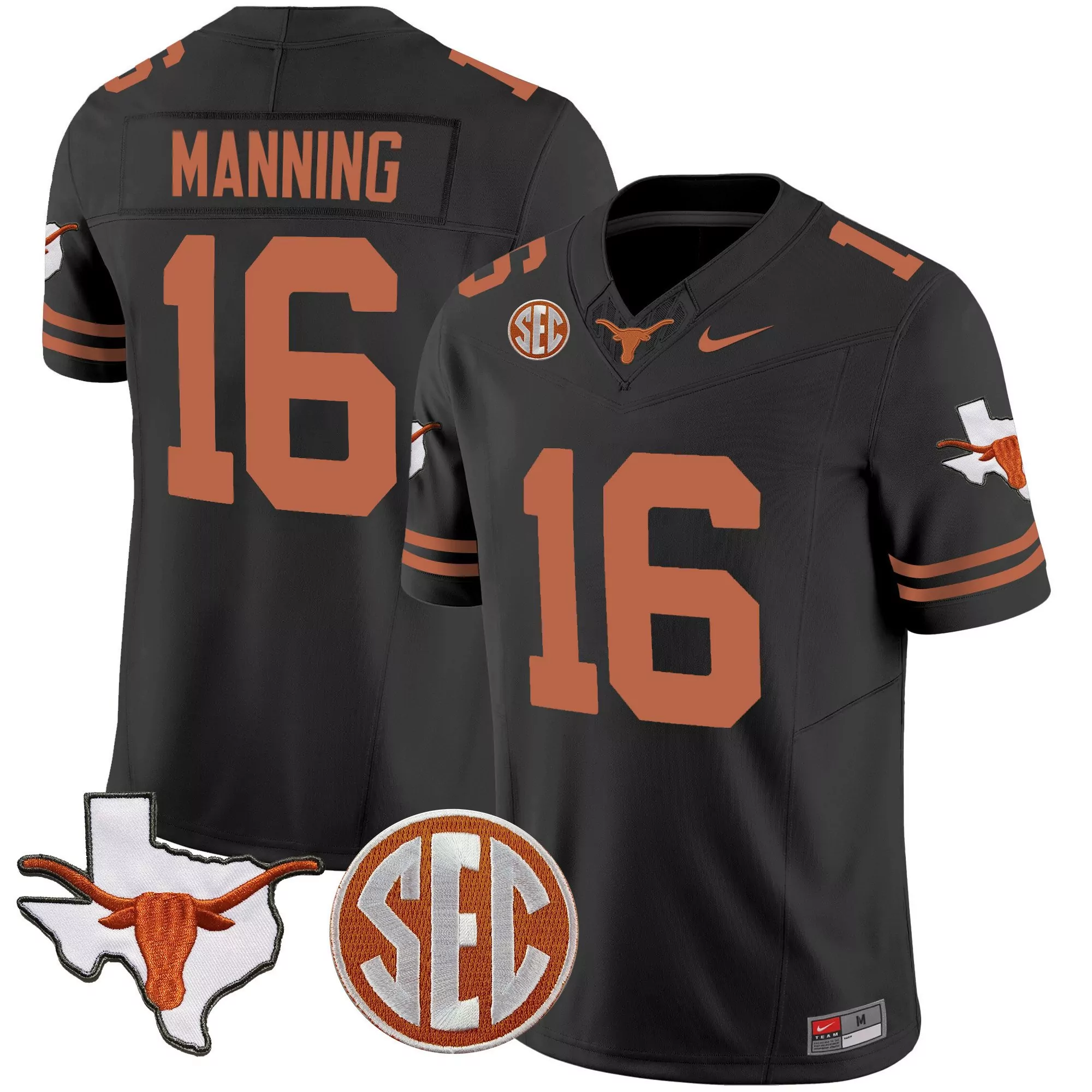arch manning black mens texas longhorns state map sec patch vapor jersey all stitched