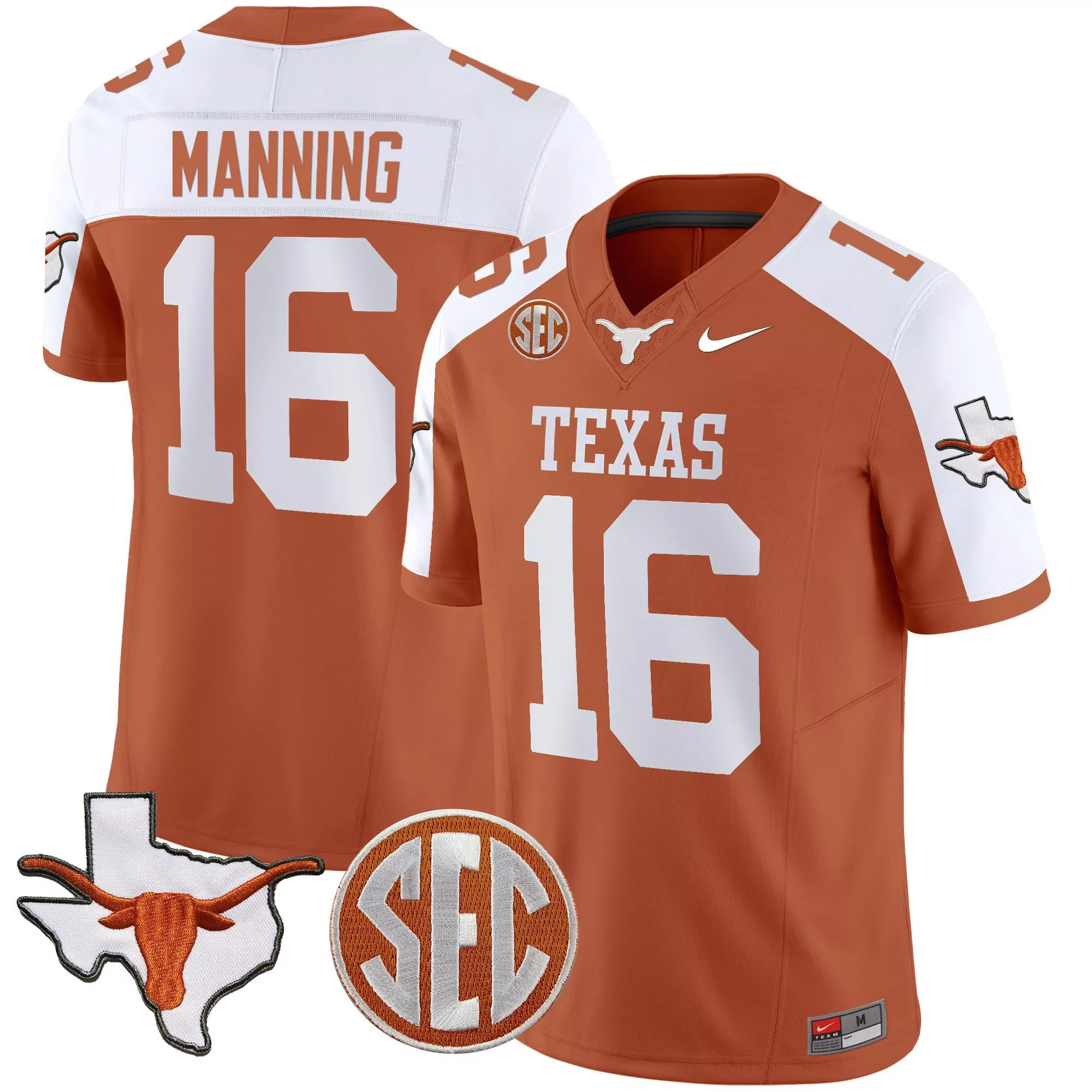 arch manning orange alternate mens texas longhorns state map sec patch vapor jersey v2 all stitched