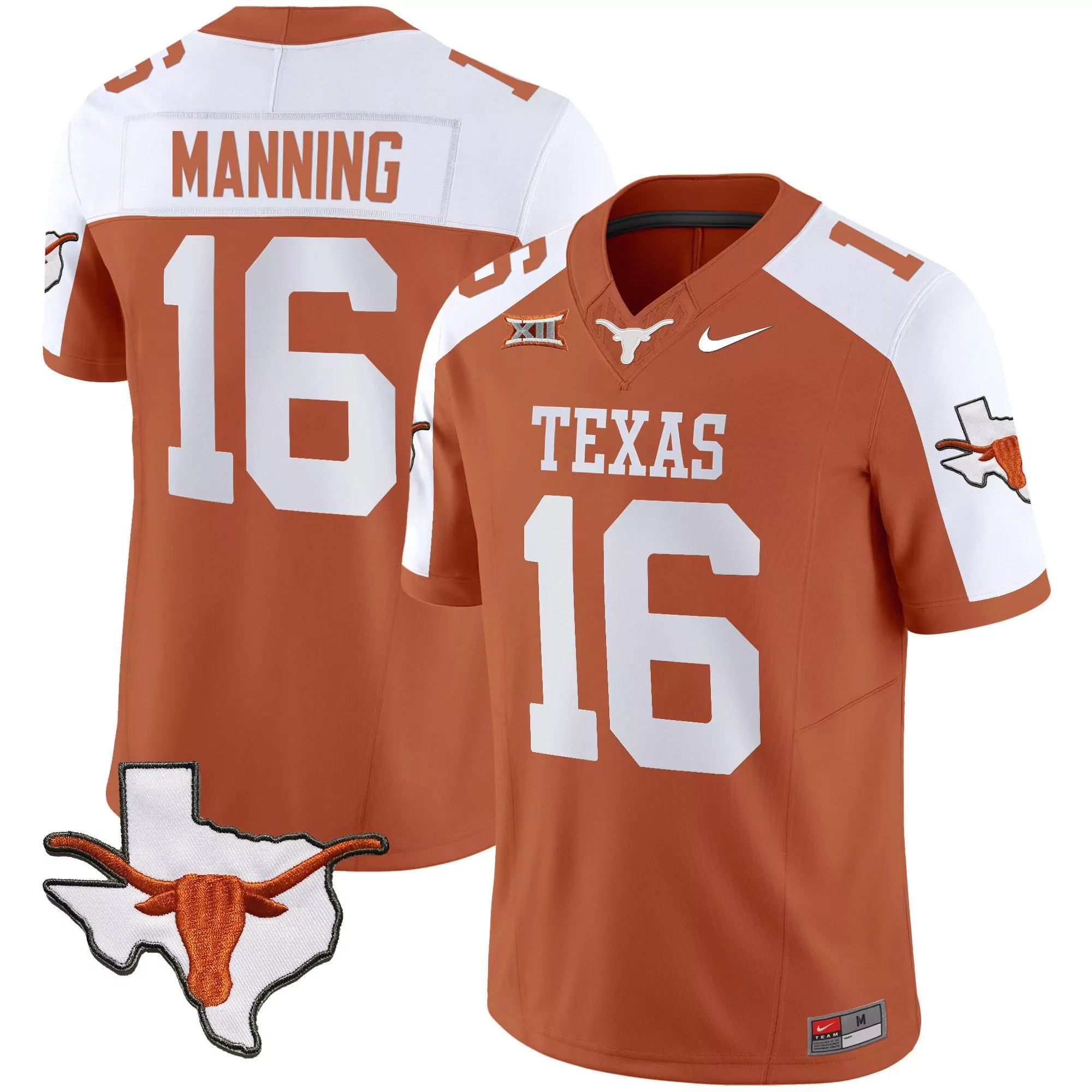 arch manning orange alternate mens texas longhorns state map sec patch vapor jersey v2 all stitched