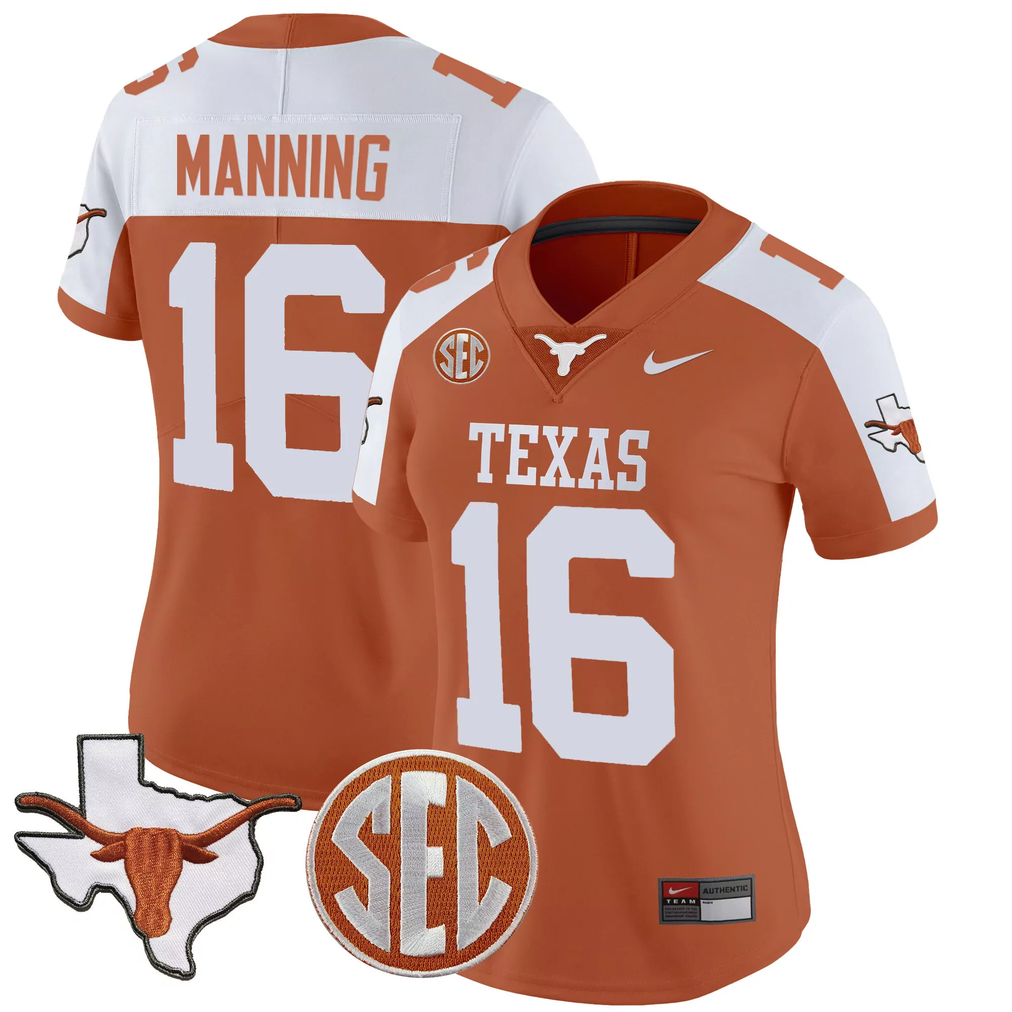 arch manning orange alternate womens texas longhorns state map sec patch vapor jersey v2 all stitched