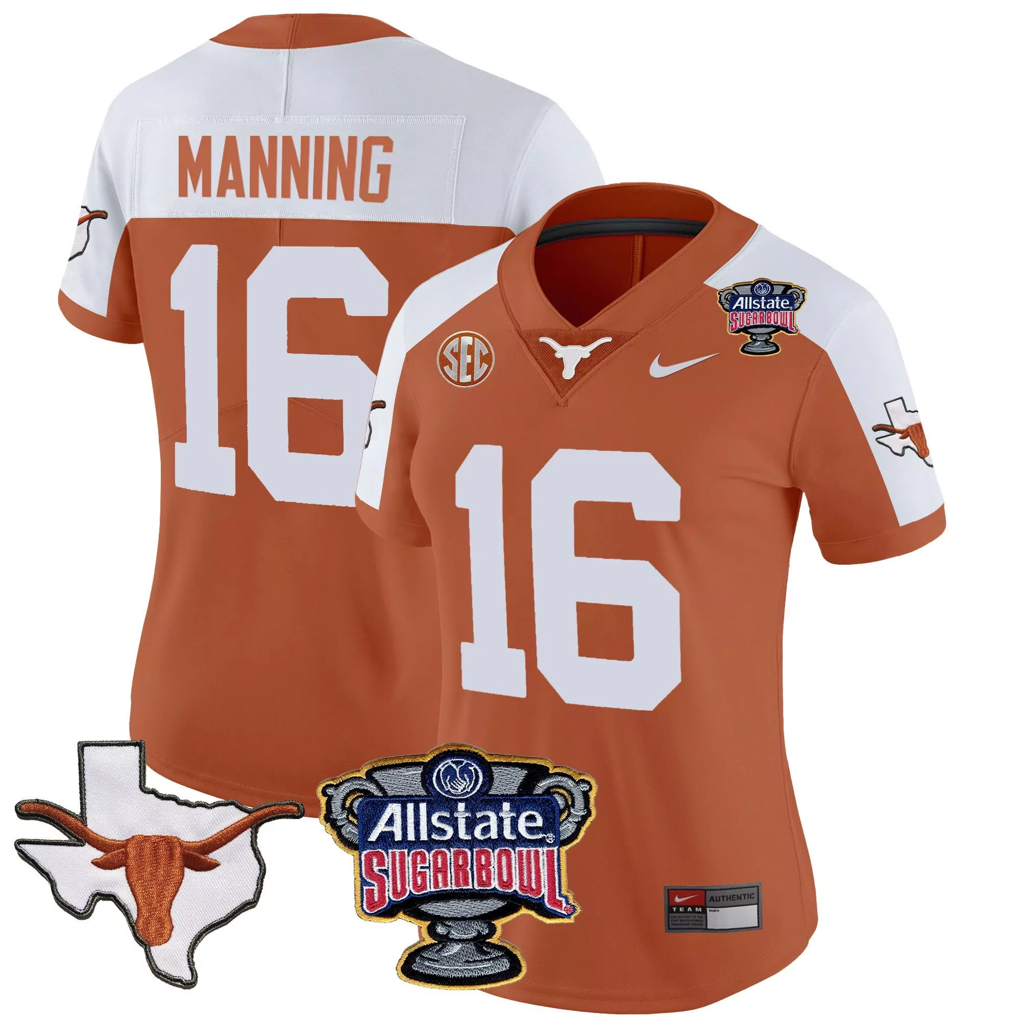 arch manning orange alternate womens texas longhorns state map sec patch vapor jersey v2 all stitched
