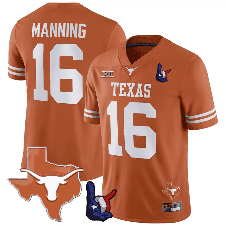 arch manning orange mens texas longhorns throwing up the h texas state map patch jersey all stitched