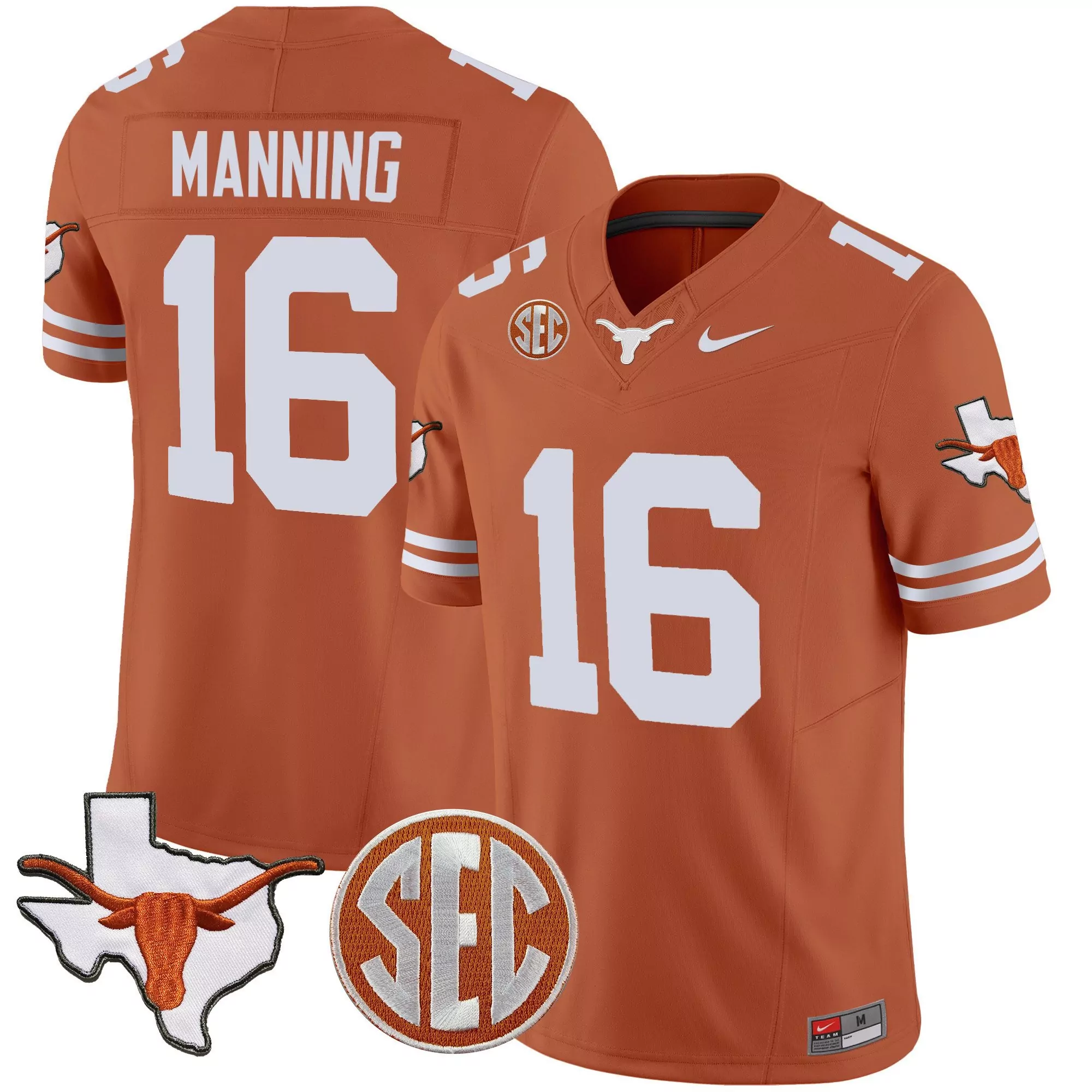arch manning texas orange mens texas longhorns state map sec patch vapor jersey all stitched
