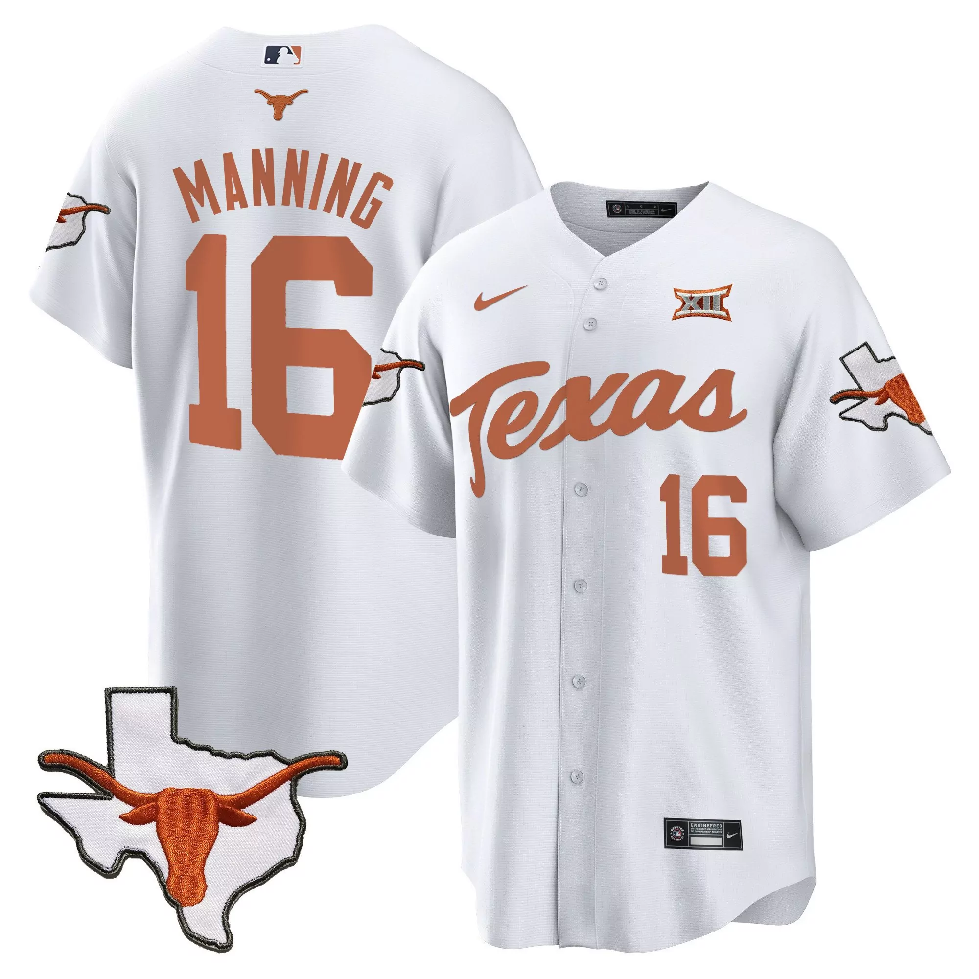 arch manning white mens texas longhorns baseball jersey all stitched