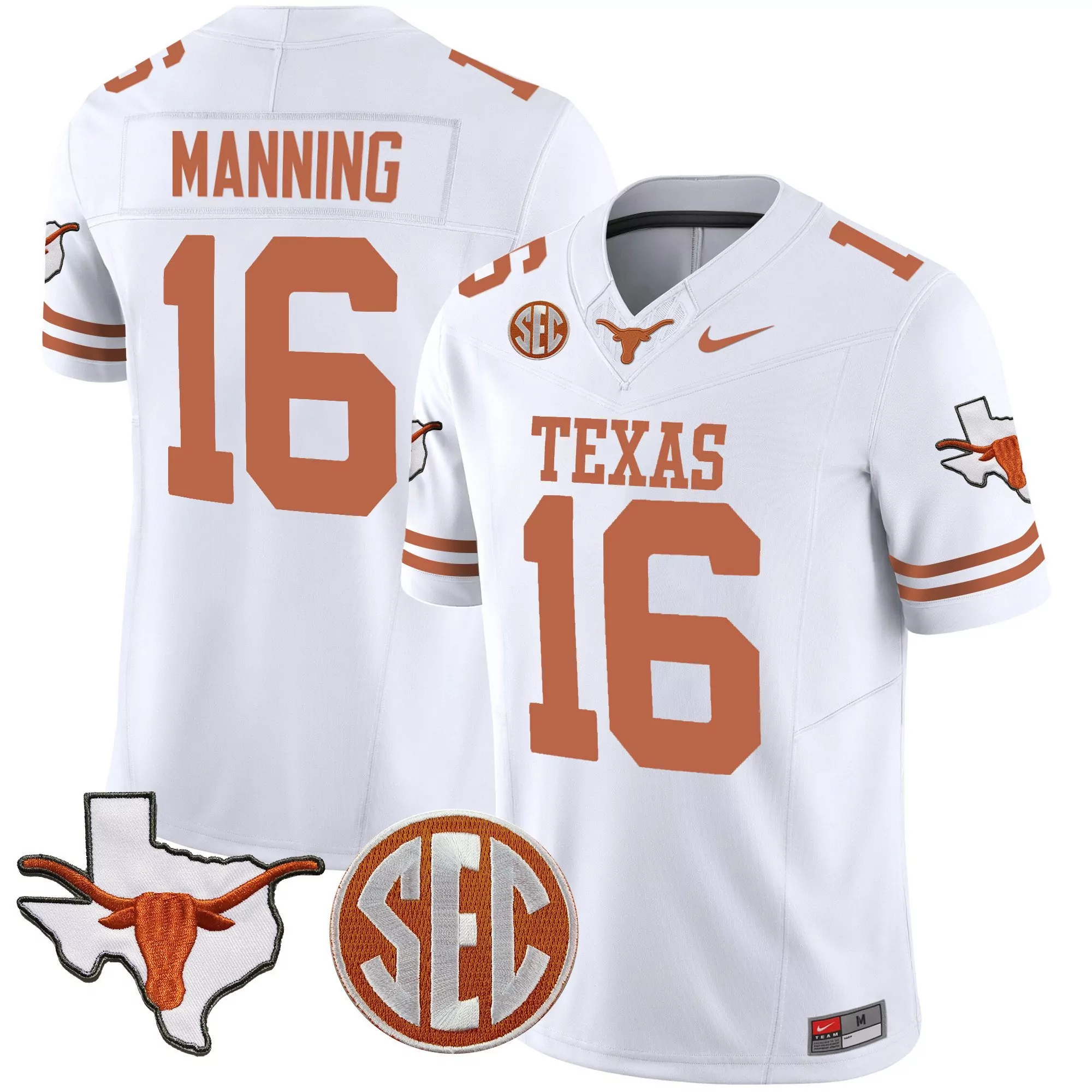 arch manning white mens texas longhorns state map sec patch vapor jersey v2 all stitched