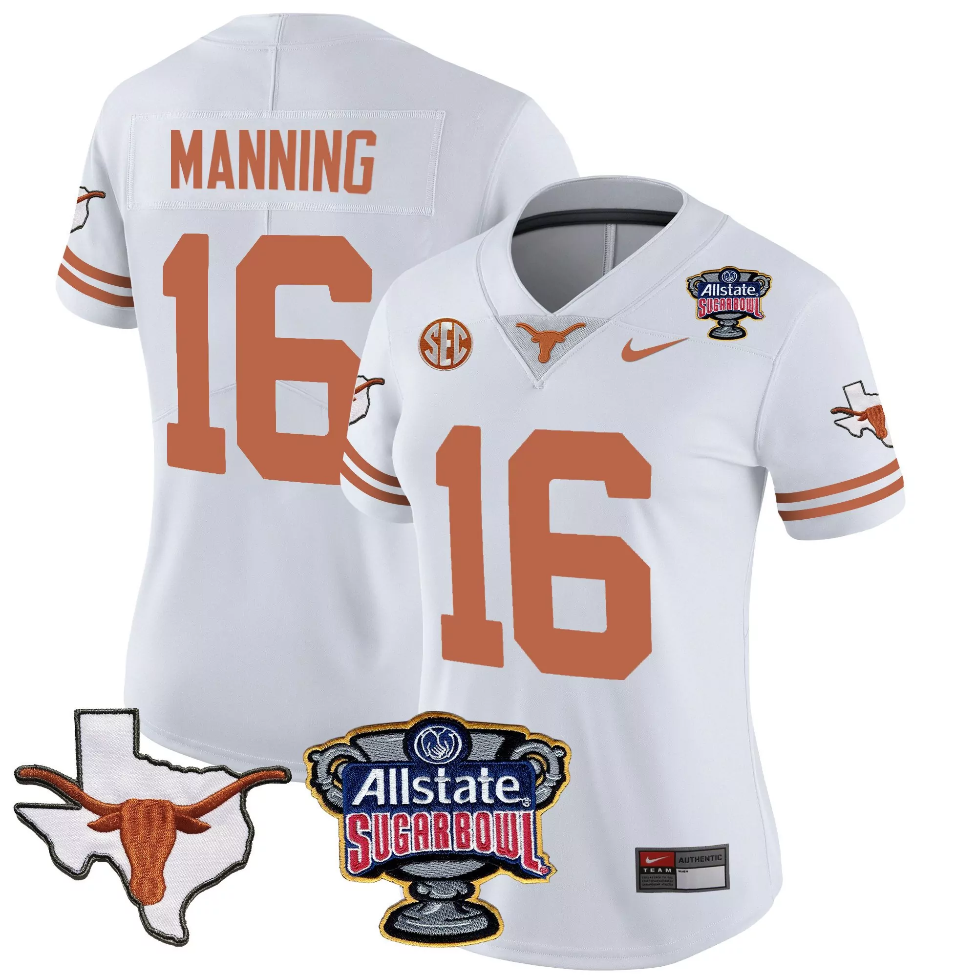 arch manning white womens texas longhorns sugar bowl sec patch vapor jersey all stitched