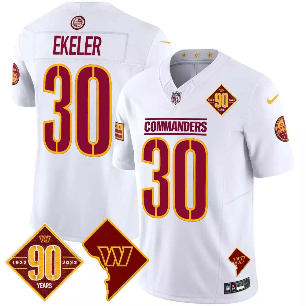 Austin Ekeler Washington Commanders 90th Anniversary Home Patch Jersey | White Vapor Limited Edition | Fan Gear for Men, Women & Youth