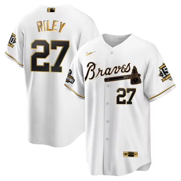 austin riley men atlanta braves world series champion white gold cool base jersey 2021 n stitched