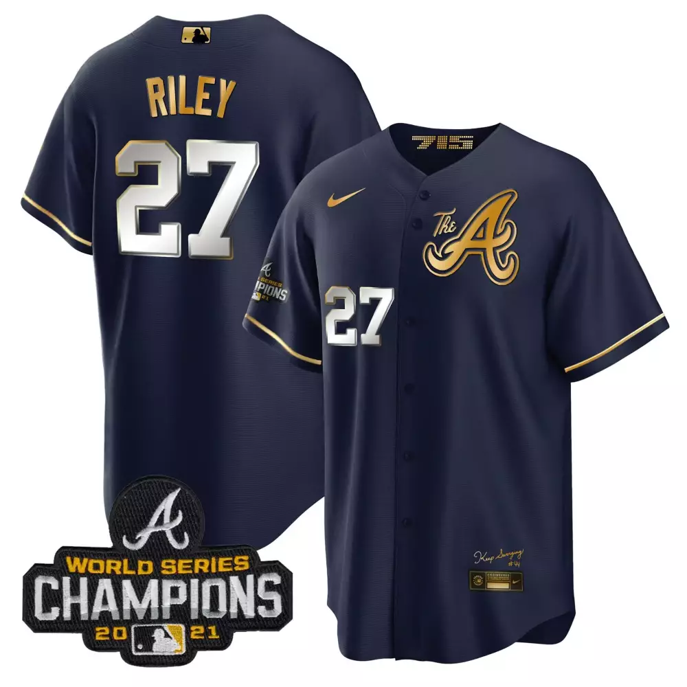 austin riley men atlanta braves world series champion white gold cool base jersey 2021 n stitched