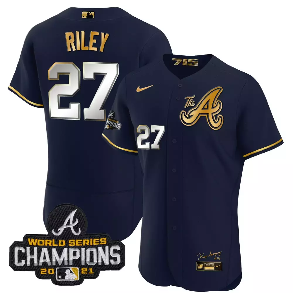 austin riley men atlanta braves world series champion white gold cool base jersey 2021 n stitched