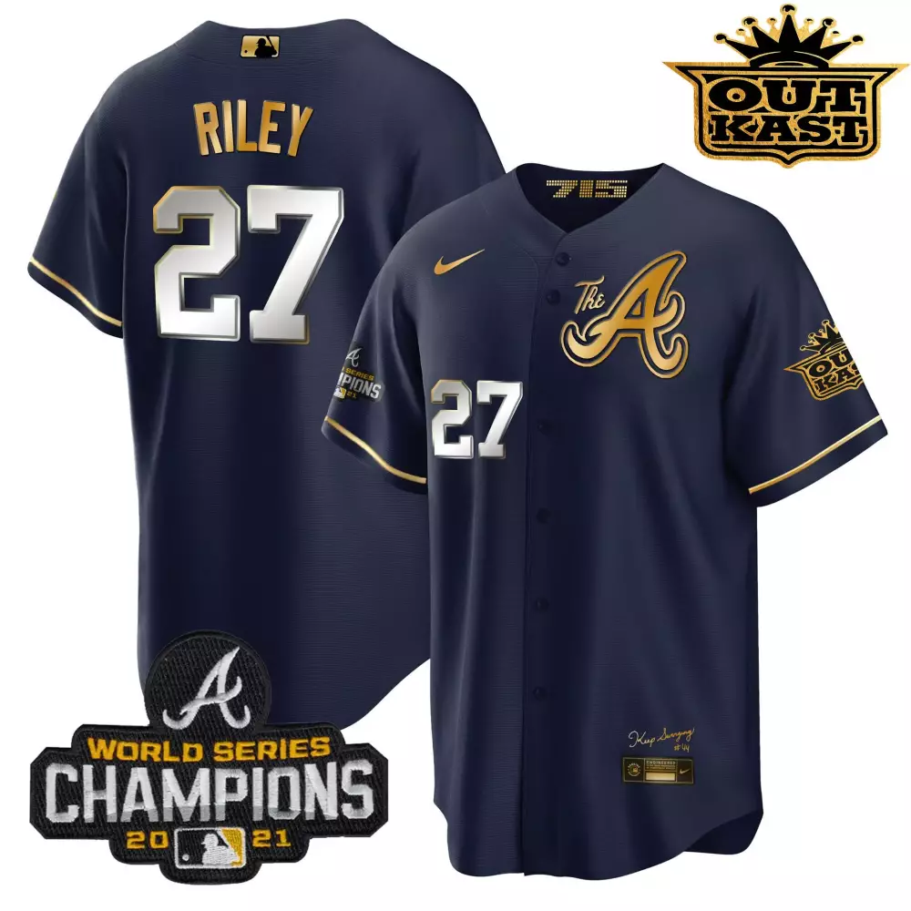 austin riley men atlanta braves world series champion white gold cool base jersey 2021 n stitched