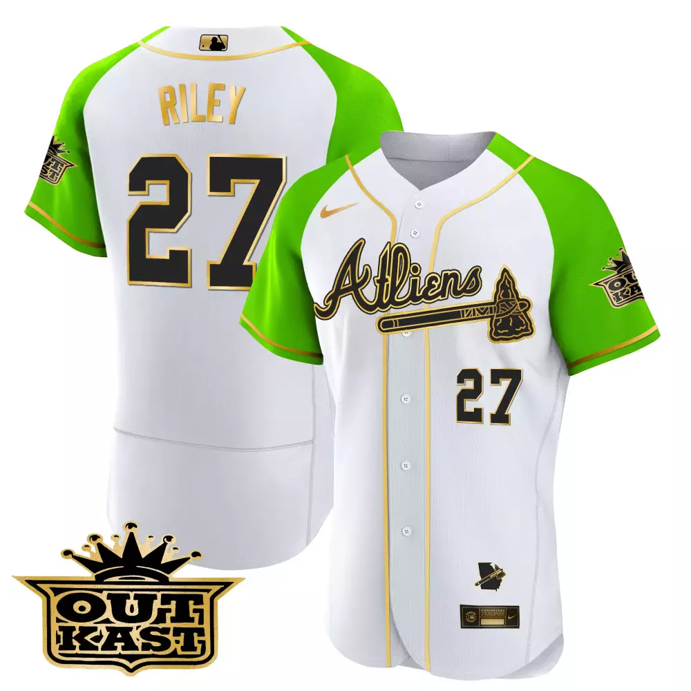 Austin Riley Atlanta Braves White Bright Green Men's Atliens Gold Alternate Cool Base Jersey | All Stitched | For Men, Women & Youth