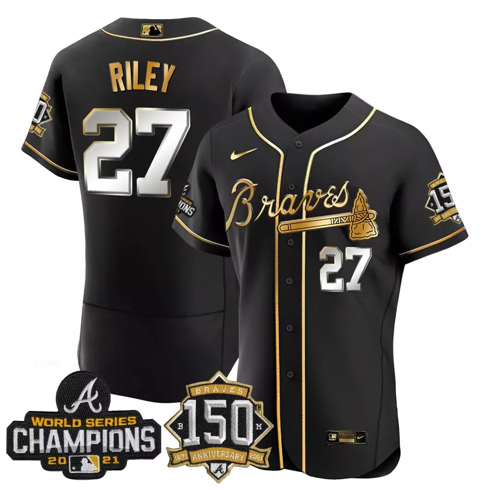 austin riley youth atlanta braves world series champion black gold cool base jersey all stitched