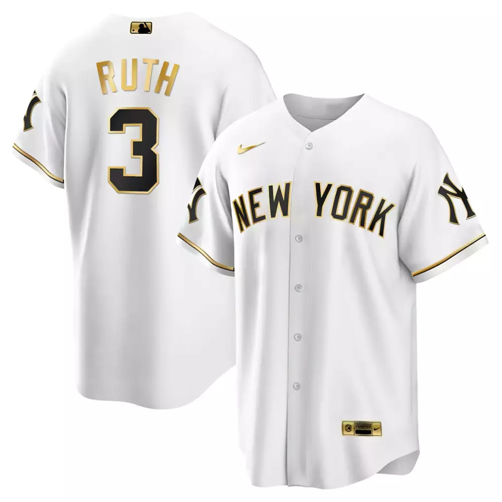 Babe Ruth Cool White Yankees White Gold Black Gold Jersey | All Stitched | Trendy Fan Gear for Men, Women & Youth