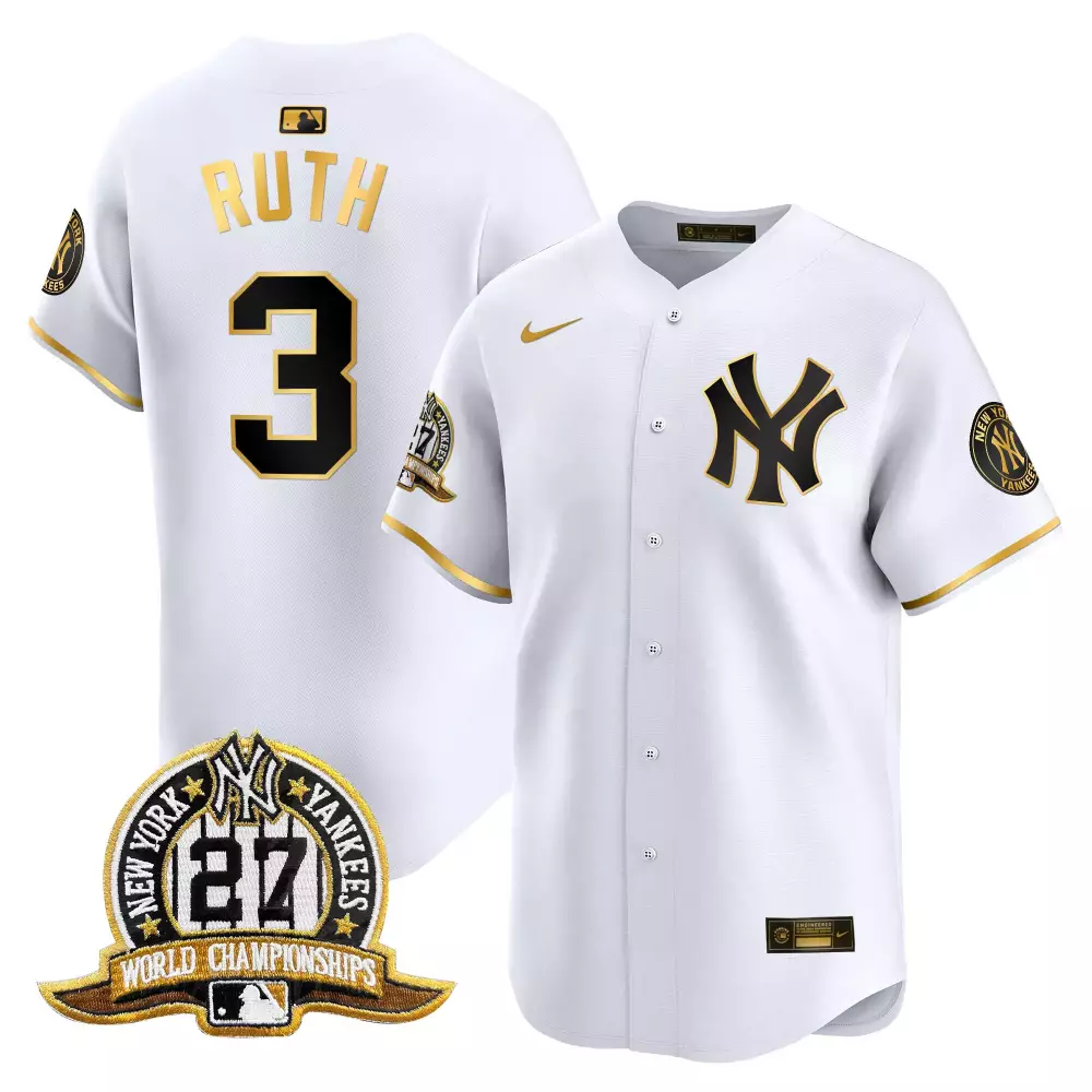 Ruth Yankees 27 Time Champions Patch Vapor Premier Jersey | White Gold | Limited Edition Fan Gear for Men, Women & Youth