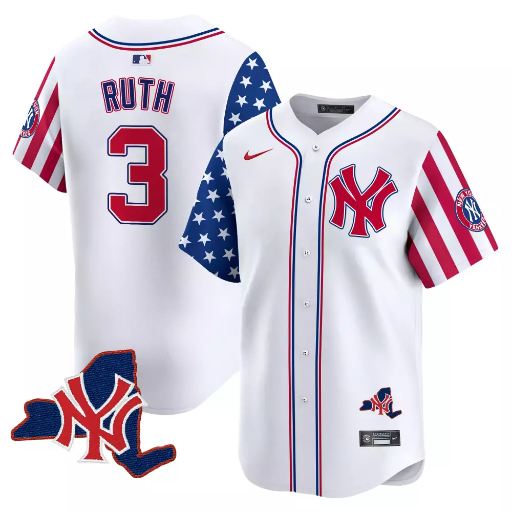 Babe Ruth Yankees Men's 2024 Fourth of July Jersey V8 | White Vapor Premier | Stitched Fan Gear for Summer Celebrations | For Men, Women & Youth