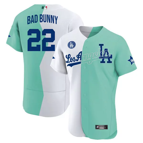 bad bunny men los angeles dodgers flex base white green 2022 mlb allstar celebrity softball game split jersey all stitch