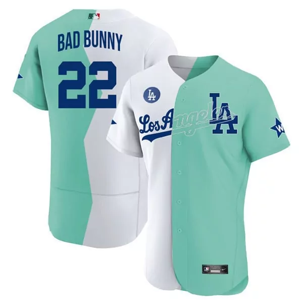 bad bunny men los angeles dodgers flex base white green 2022 mlb allstar celebrity softball game split jersey all stitch