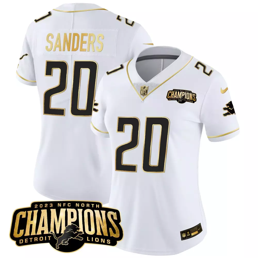 Barry Sanders White Gold Men’s Detroit Lions 2023 NFC North Champions Patch Gold Vapor Jersey | All Stitched | For Men, Women & You