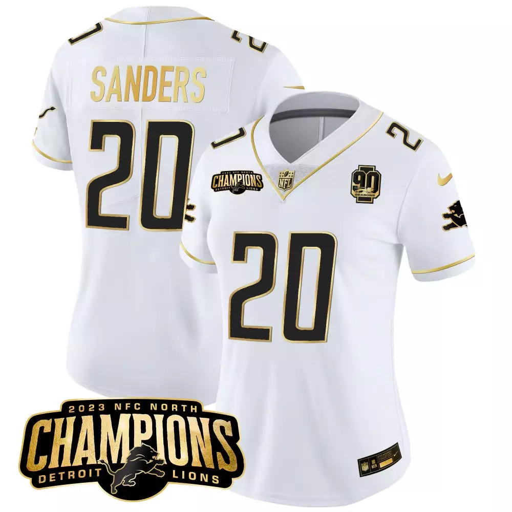 Barry Sanders White Gold Men’s Detroit Lions 2023 NFC North Champions Patch Gold Vapor Jersey | All Stitched | For Men, Women & You