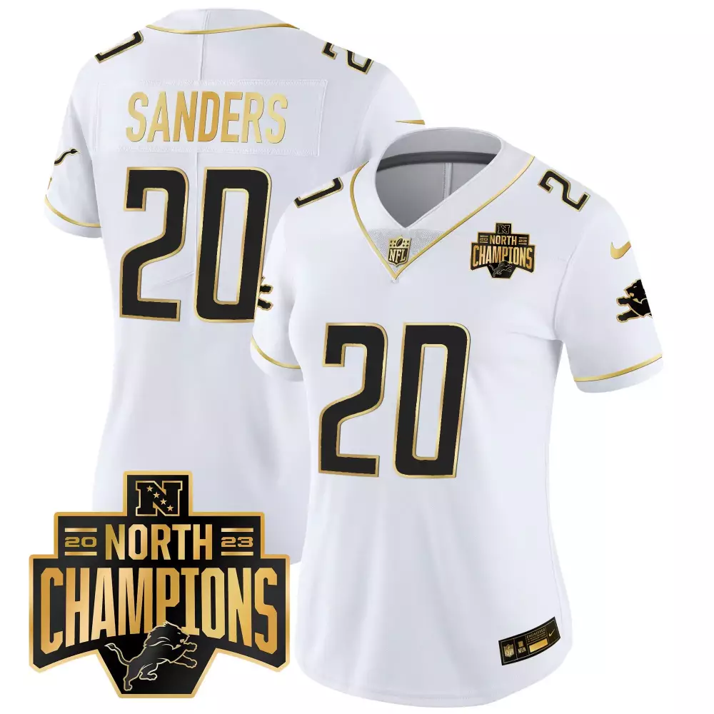 Barry Sanders White Gold Men’s Detroit Lions 2023 NFC North Champions Patch Gold Vapor Jersey | All Stitched | For Men, Women & You