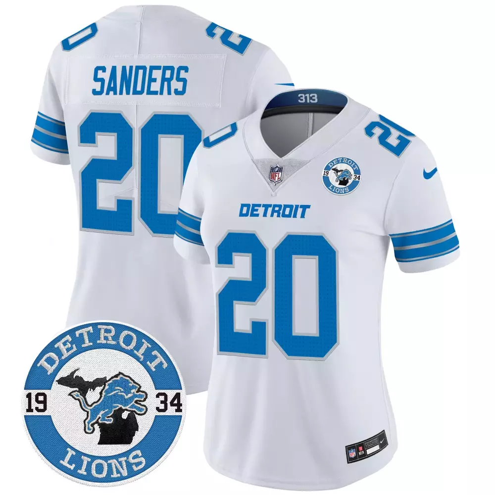 barry sanders white womens detroit lions 2024 nfc north division champions patch vapor limited jersey all stitched
