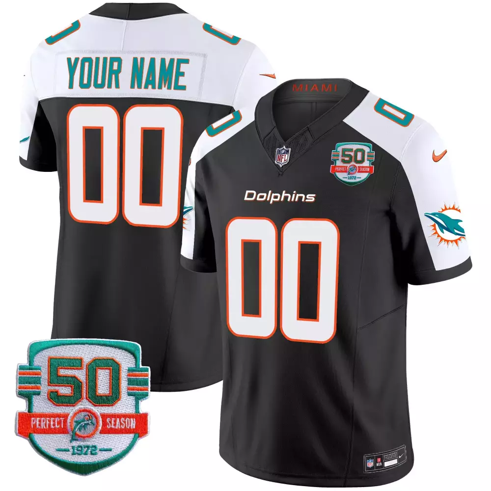 Black Alternate Miami Dolphins 50th Season Jersey | Custom Vapor Style with 1972 Patch | All Stitched Fan Gear | For Men