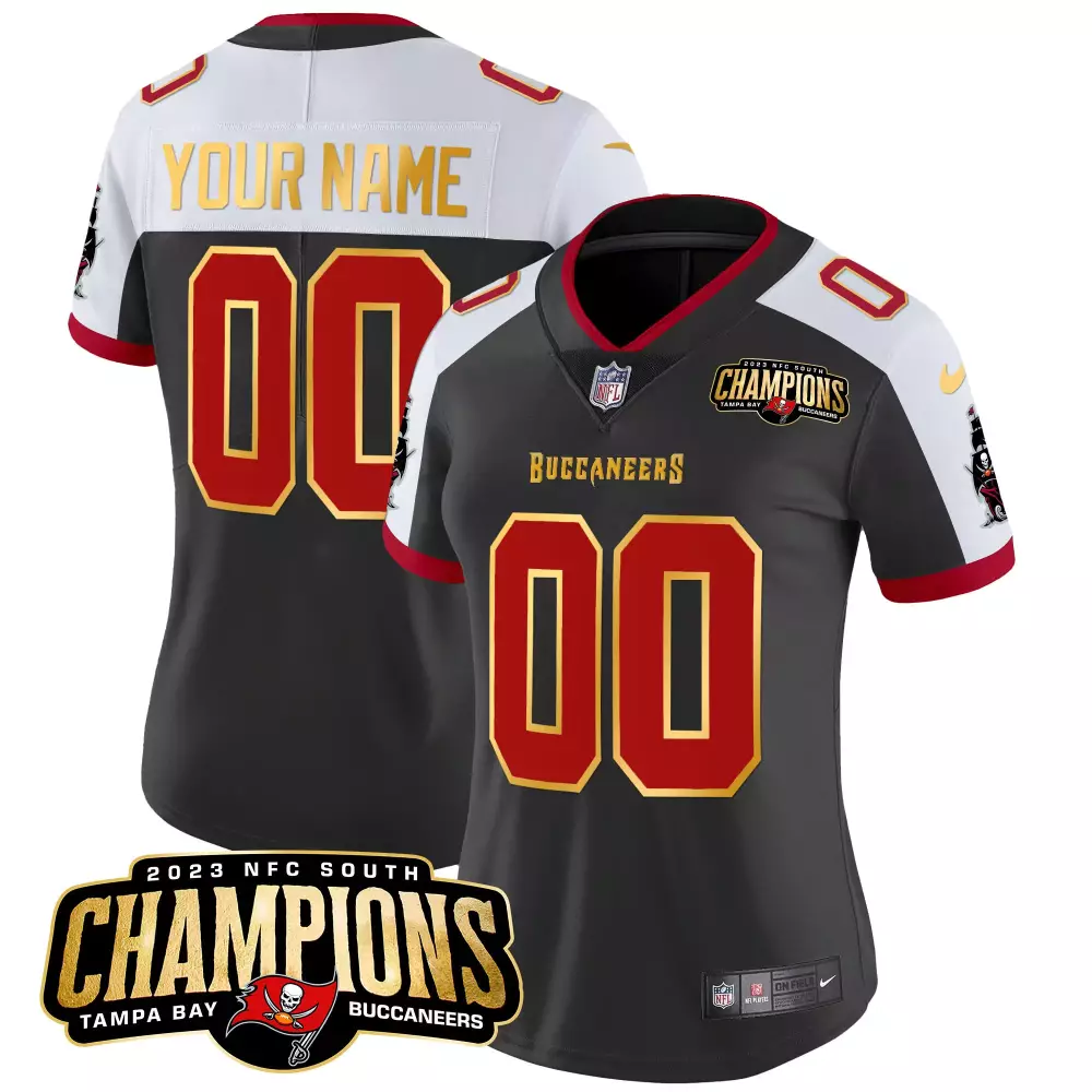 black alternate women tampa bay buccaneers 2023 nfc south champions patch gold trim vapor custom jersey all stitched