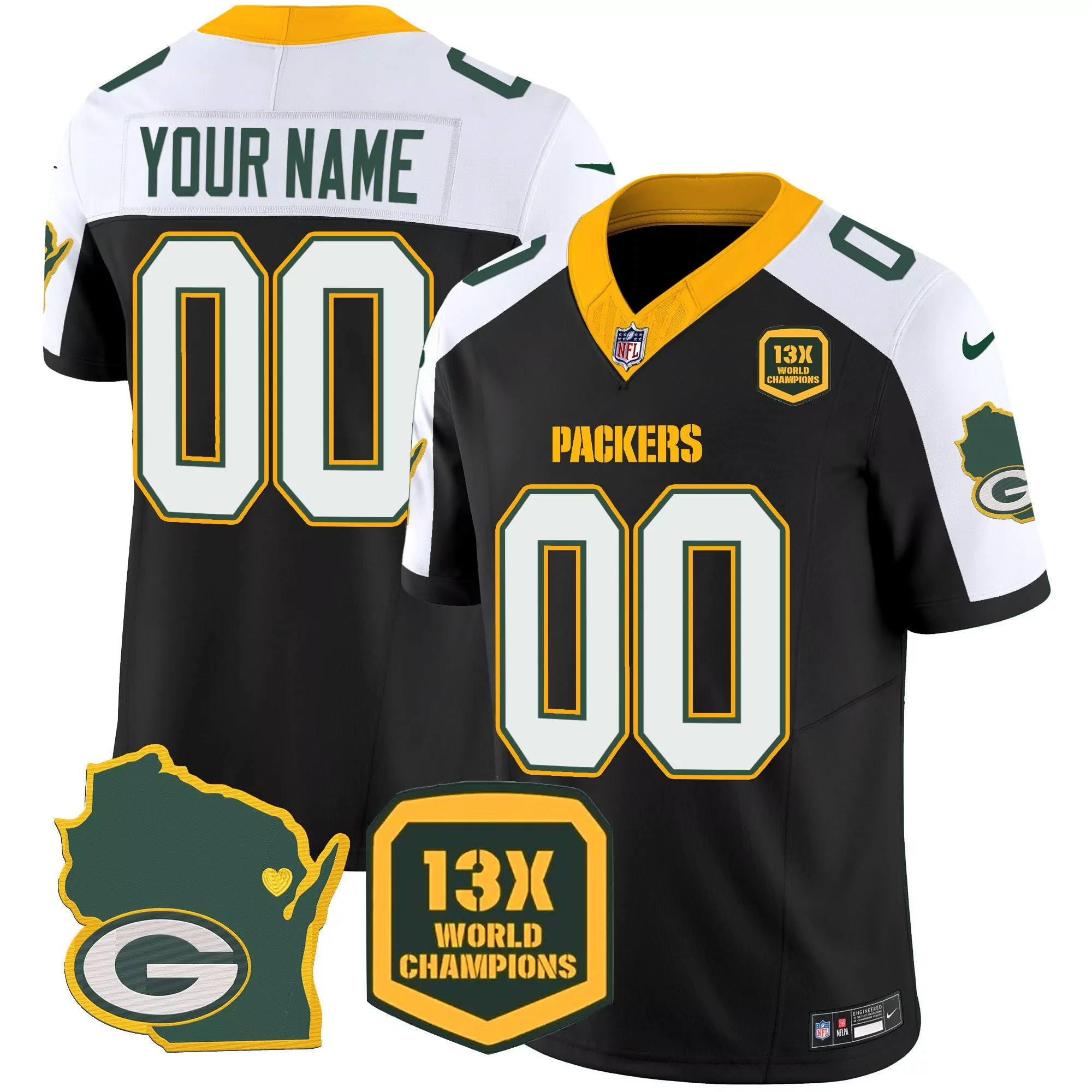 black alternate youth green bay packers 13 time world champions home patch vapor custom jersey all stitched