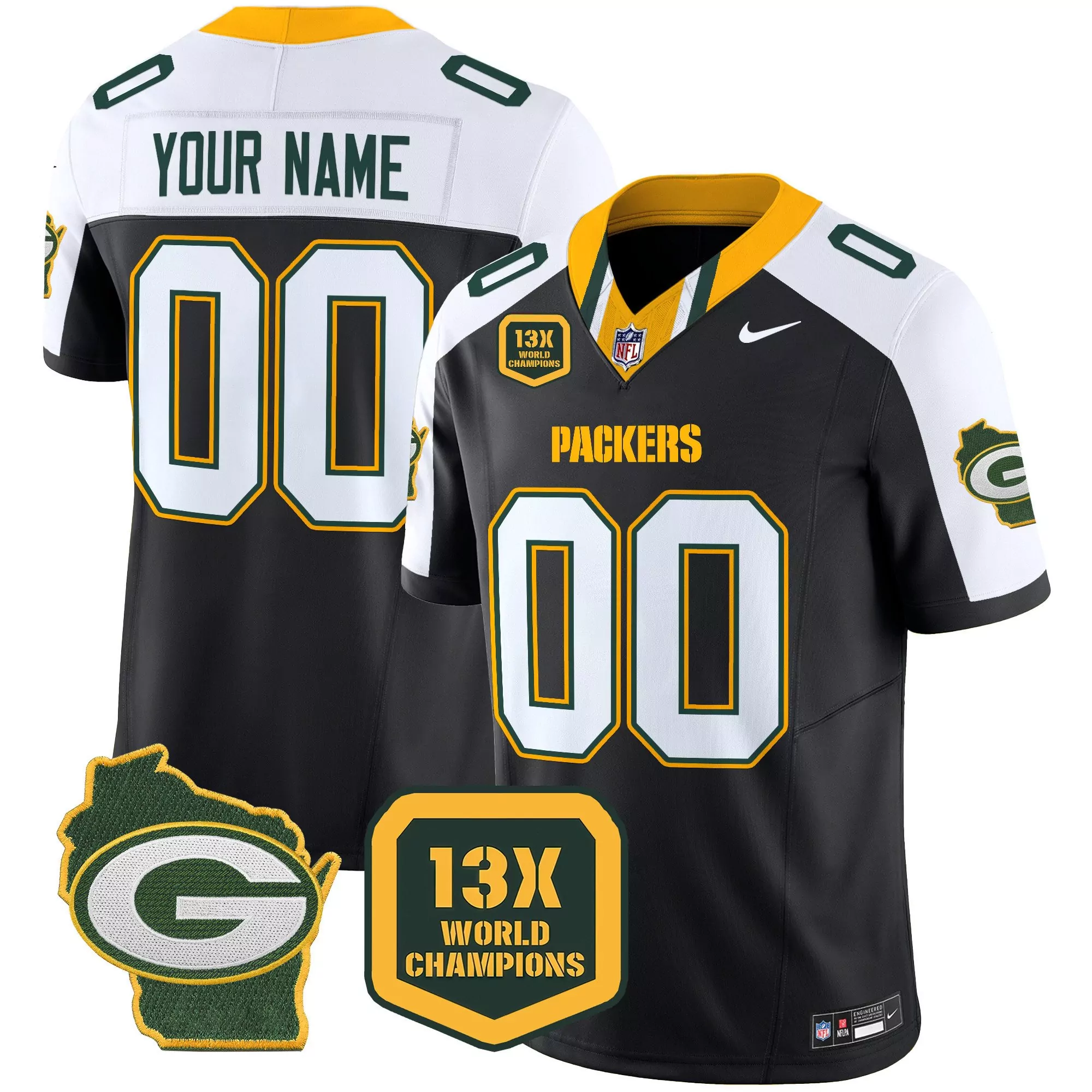 black alternate youth green bay packers 13 time world champions home patch vapor custom jersey all stitched