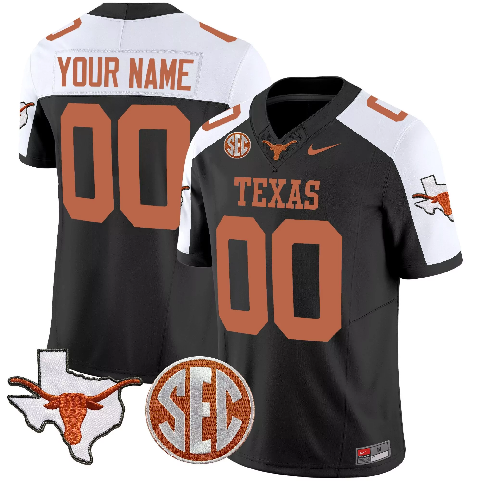 black alternate youth texas longhorns state map sec patch vapor custom jersey all stitched