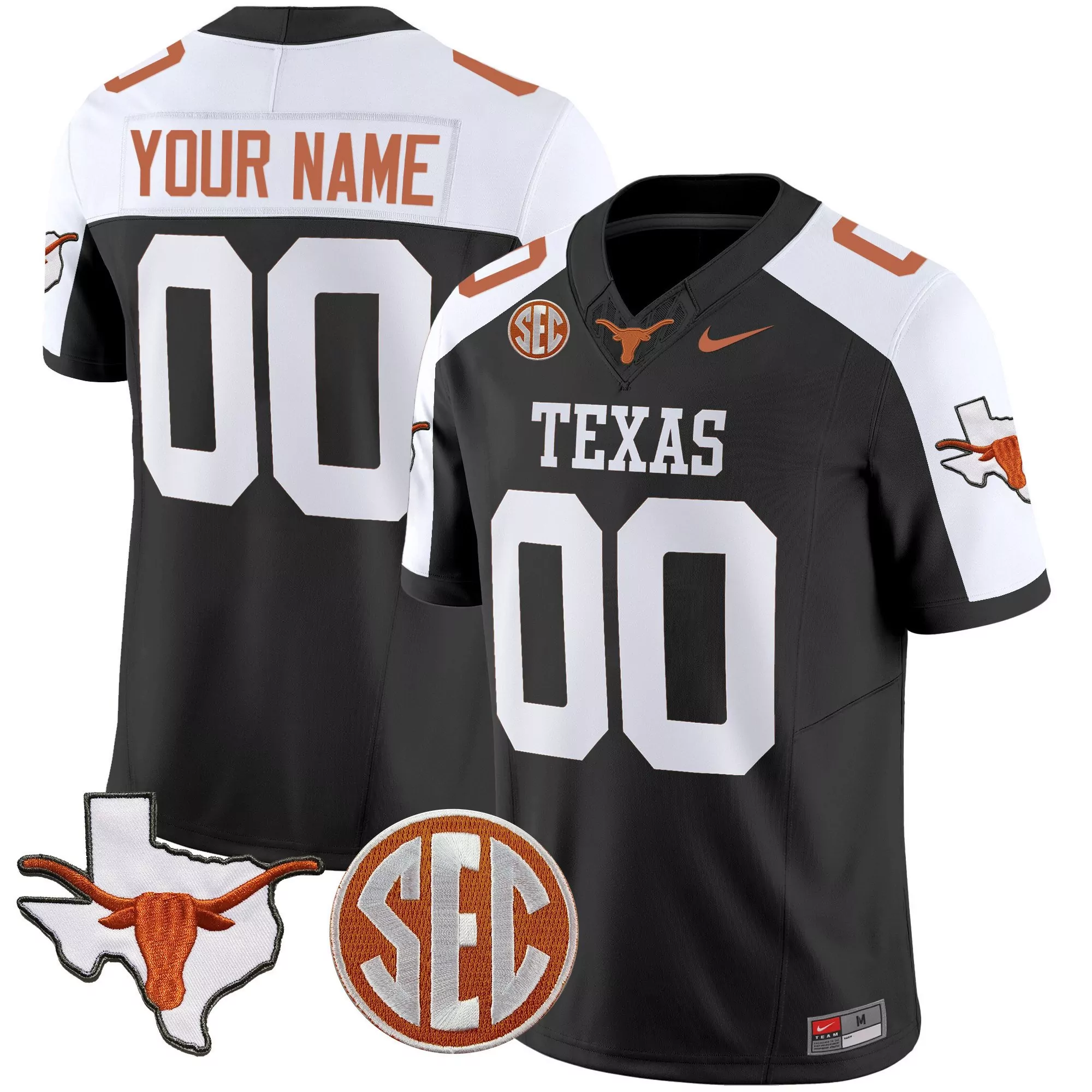 black alternate youth texas longhorns state map sec patch vapor custom jersey all stitched