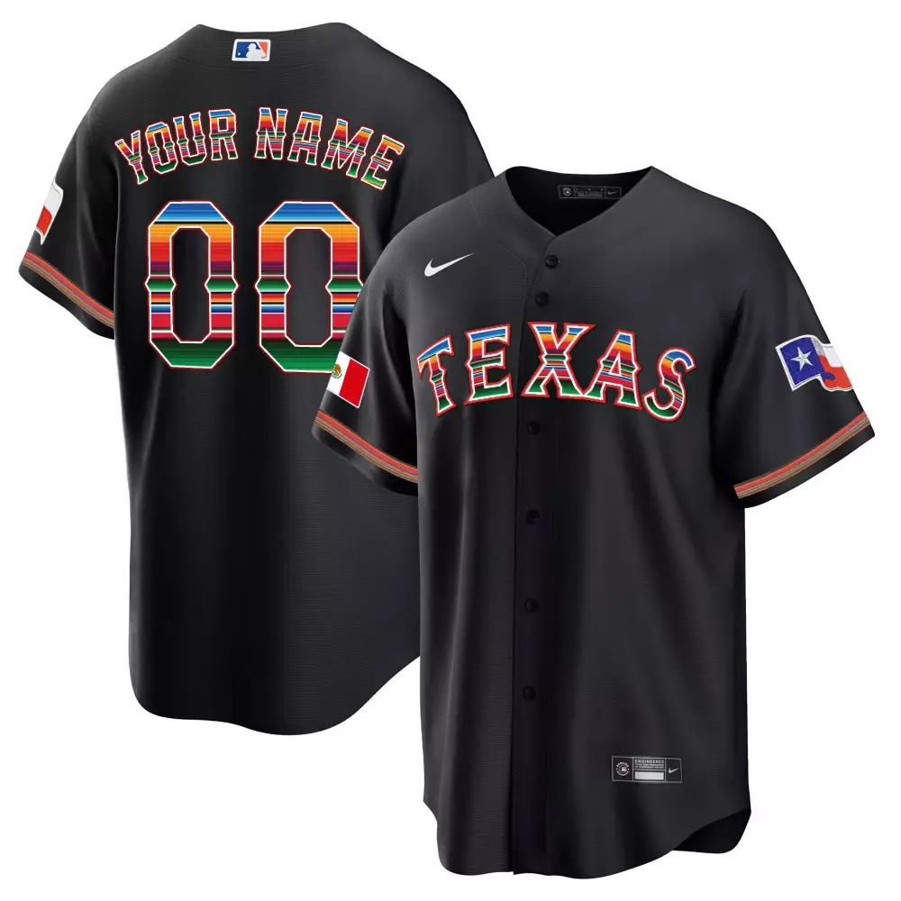 Texas Rangers Black Away Men's Mexican Heritage Night Cool Base Custom Jersey | All Stitched | Fan Gear for Men, Women & Youth