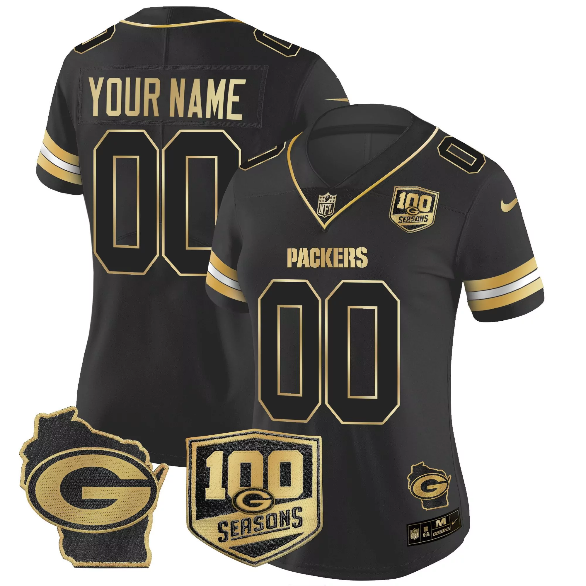 black gold women green bay packers 100th season home patch gold vapor limited custom jersey all stitched
