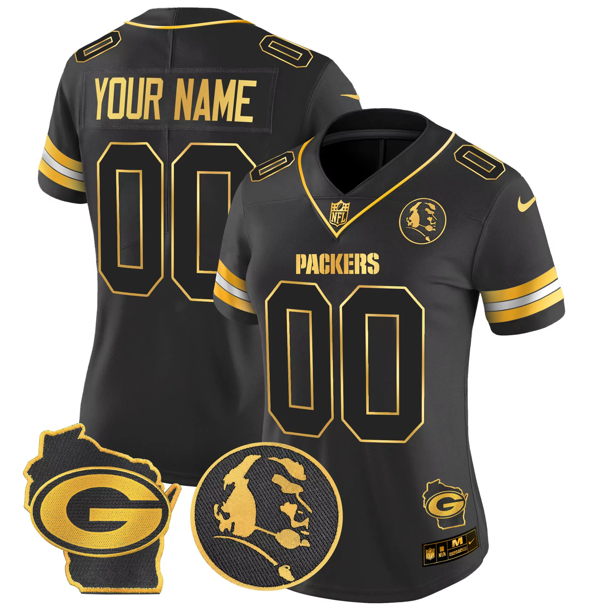 black gold women green bay packers john madden home patch gold vapor limited custom jersey all stitched