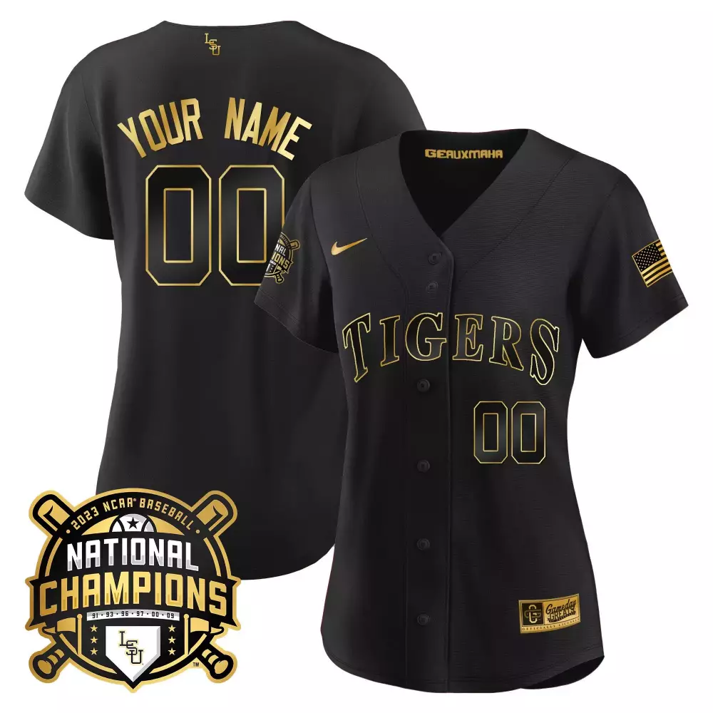 black gold women lsu tigers 2023 national champions gold flex custom jersey all stitched