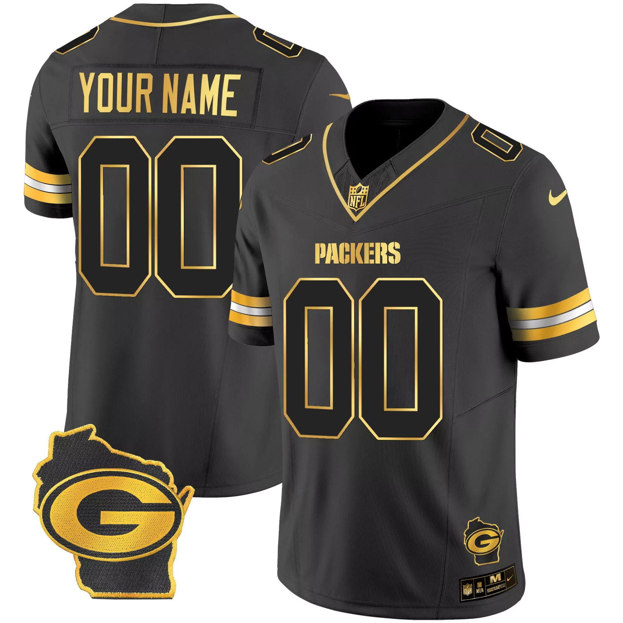 black gold youth green bay packers home patch gold vapor custom jersey all stitched