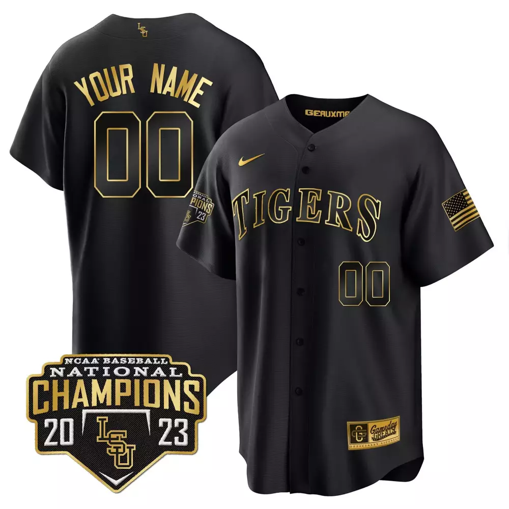 black gold youth lsu tigers 2023 national champions gold cool custom jersey v5 all stitched