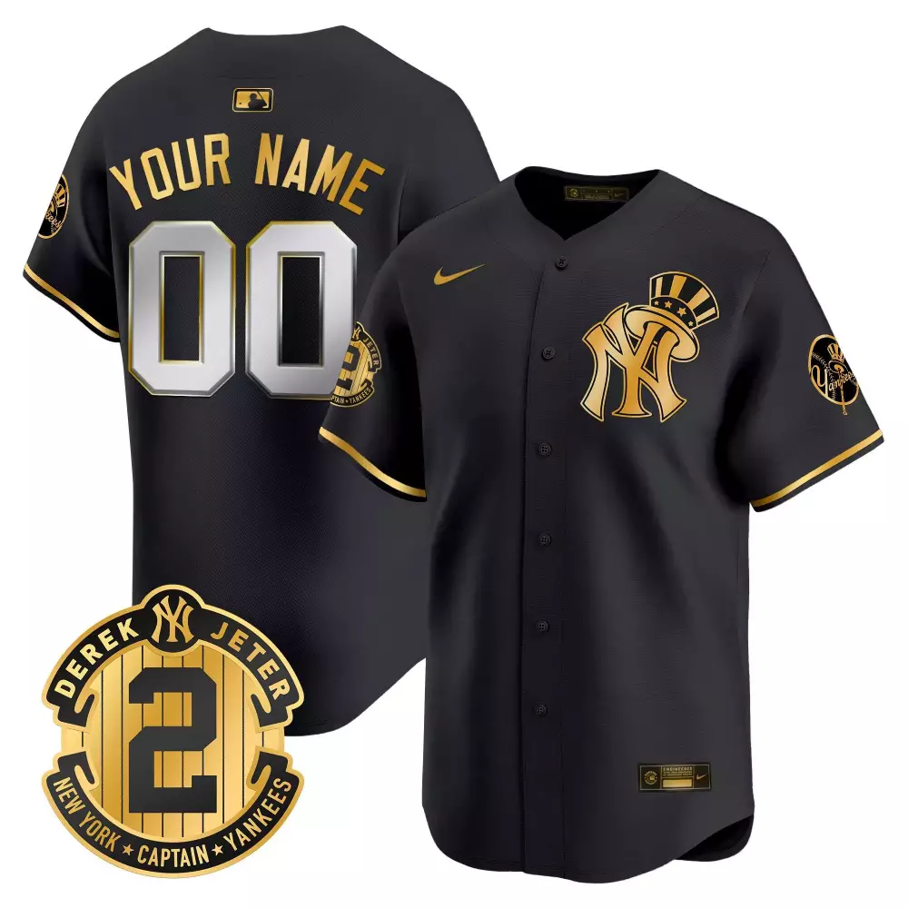 Derek Jeter Patch Black Gold Yankees Vapor Premier Limited Jersey | Stitched Fan Gear for Women | For Men, Women & Youth
