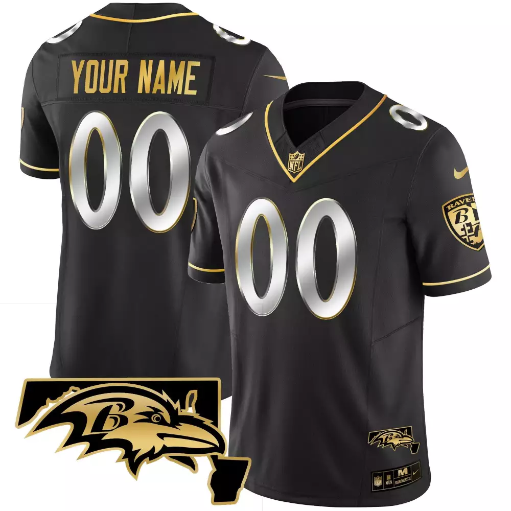 Gold Custom Ravens Jersey | Black Maryland Patch Vapor Limited Edition | For Men, Women & Youth