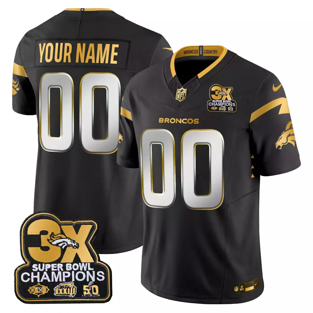 Black Limited Denver Broncos 3-Time Champions Patch Jersey | Gold Vapor Edition | Custom Stitched for Men | For Men