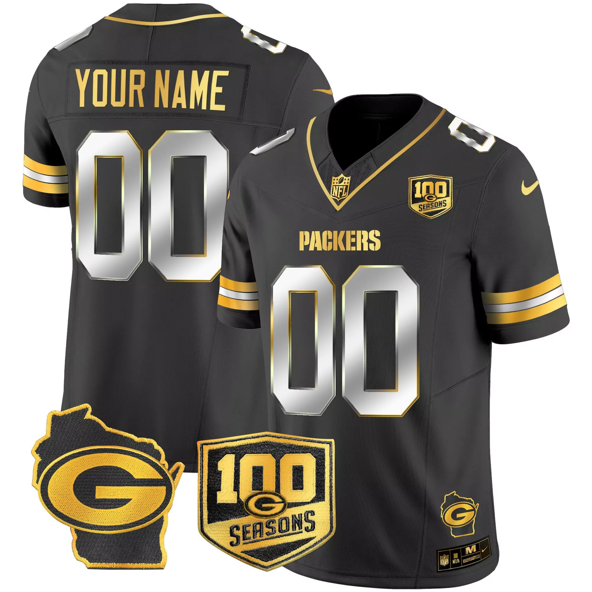 black limited men green bay packers 100th season home patch gold vapor limited custom jersey all stitched