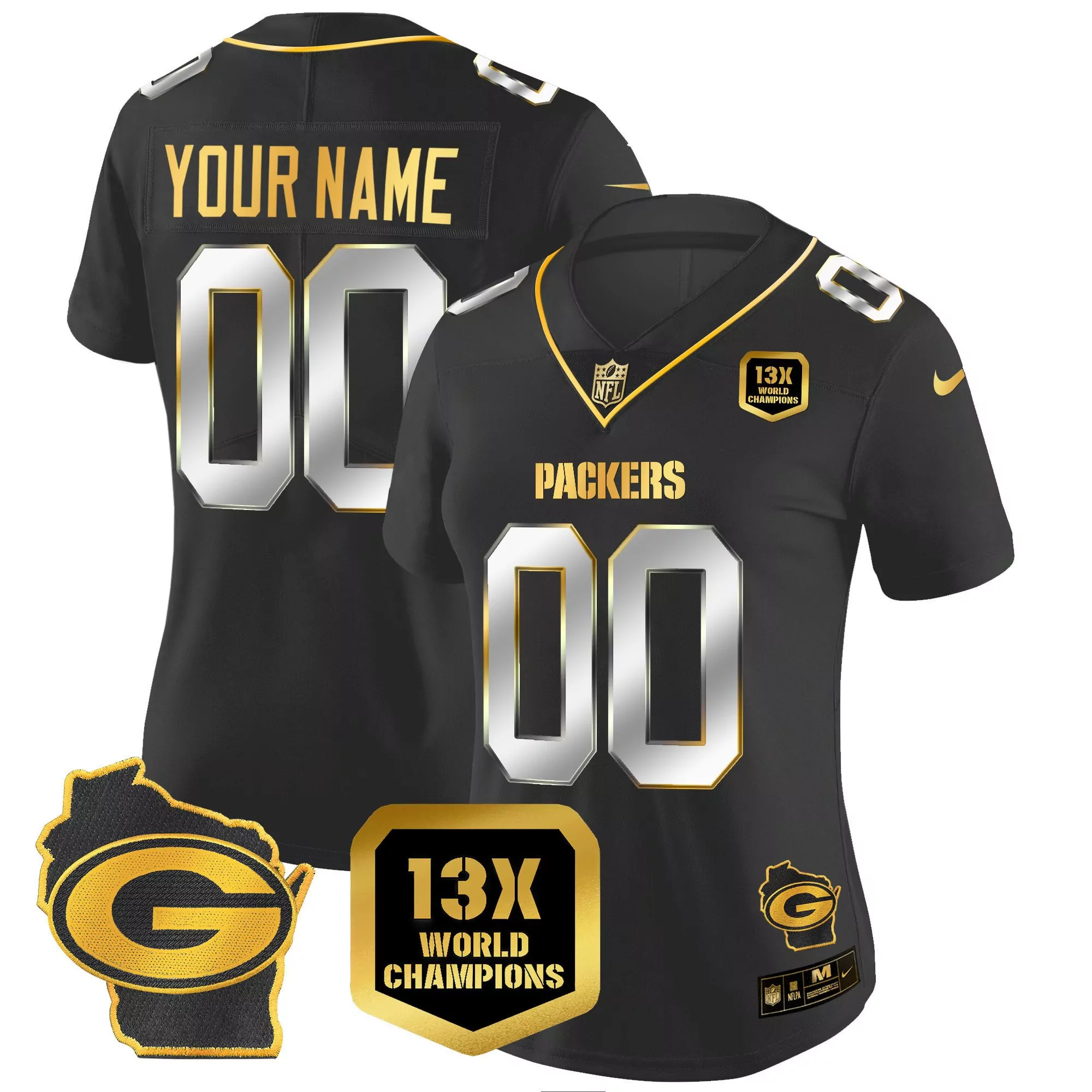 black limited women green bay packers 13 time world champions home patch gold vapor jersey v2 all stitched
