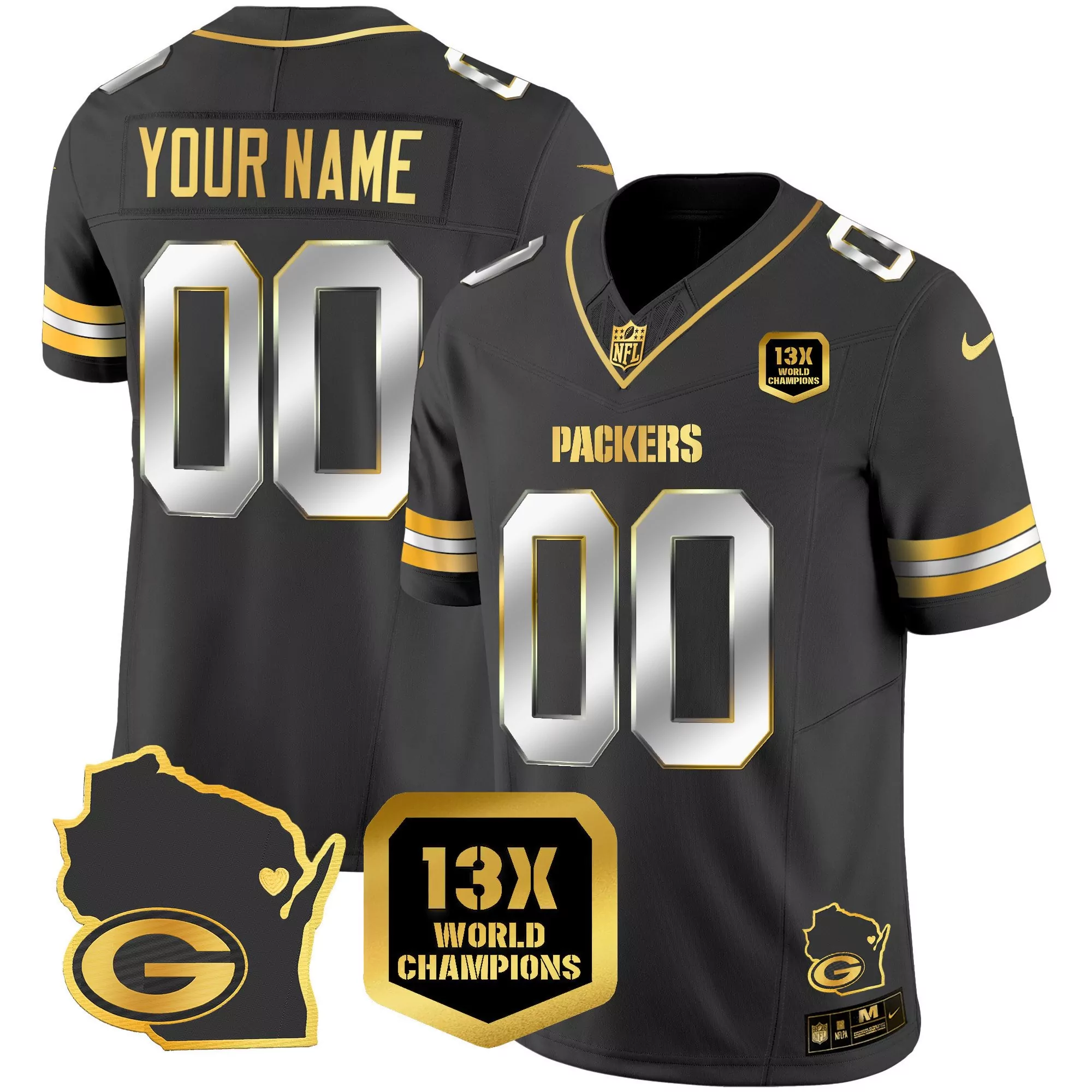 black limited youth green bay packers 13 time world champions home patch gold vapor jersey v2 all stitched