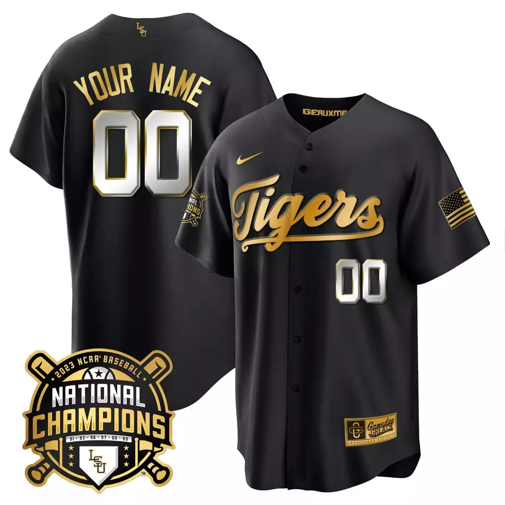 black limited youth lsu tigers 2023 national champions gold cool custom jersey v2 all stitched
