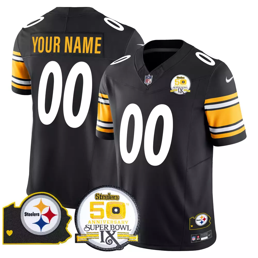 Pittsburgh Steelers Black Men's 50th Anniversary Super Bowl IX Vapor Limited Custom Jersey | Stitched Design | For Men, Women & Youth