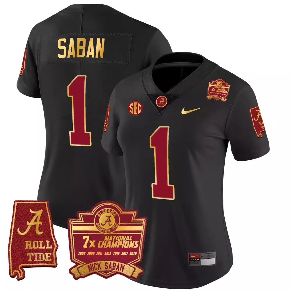 black women nick saban alabama crimson tide 7x champions patch gold trim jersey all stitched