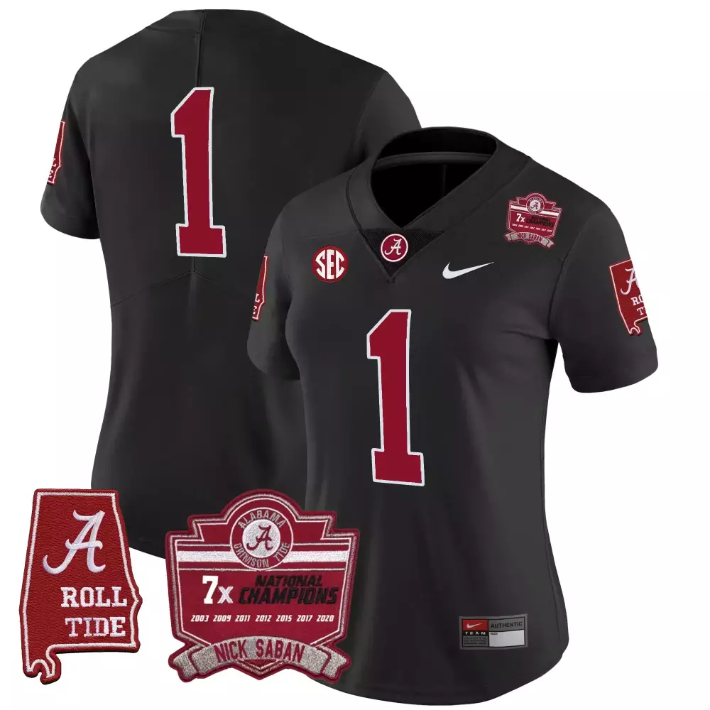 black women nick saban alabama crimson tide 7x champions patch gold trim jersey all stitched