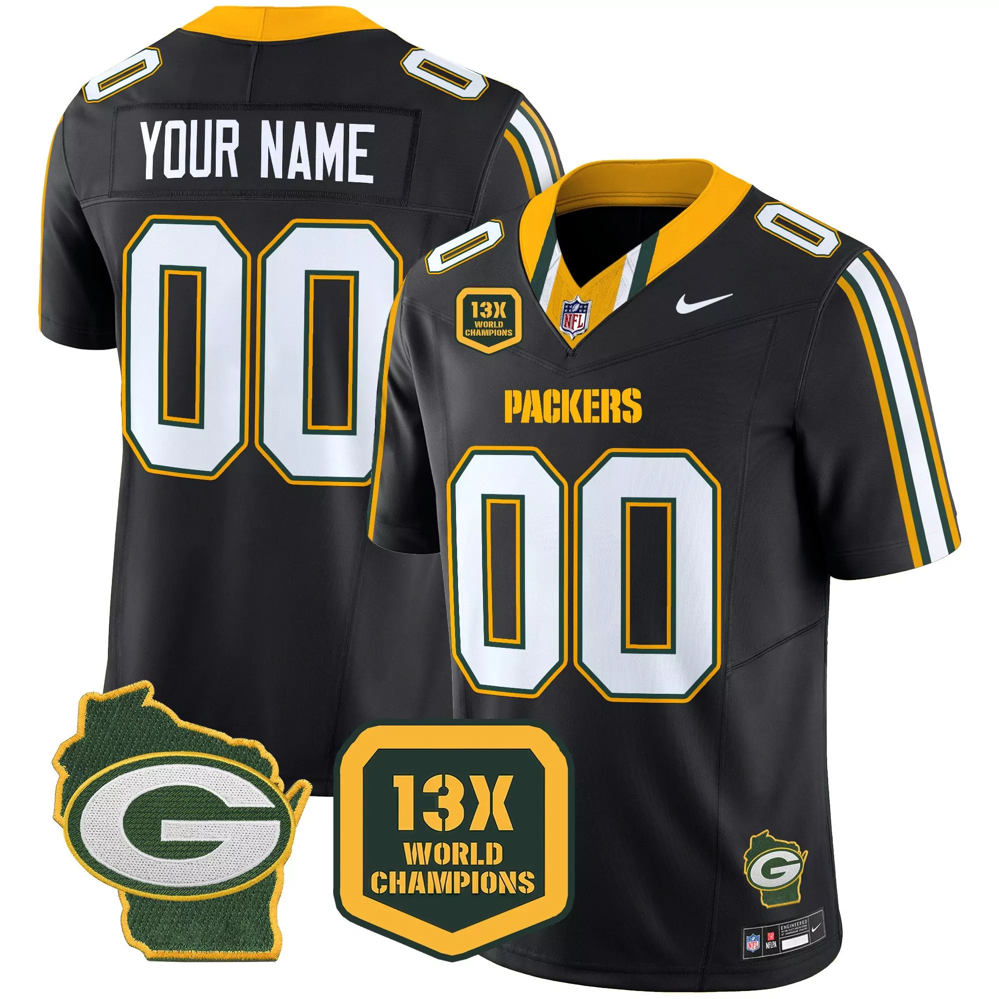 black youth green bay packers 13 time world champions home patch vapor limited custom jersey all stitched